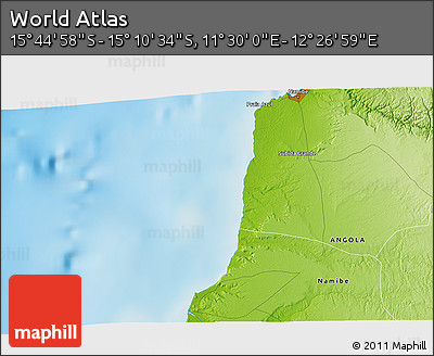 Physical 3D Map of the Area around 15° 27' 46" S, 11° 58' 29" E