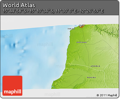 Physical 3D Map of the Area around 15° 27' 46" S, 11° 58' 29" E