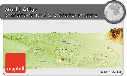 Physical Panoramic Map of the Area around 15° 27' 46" S, 12° 49' 29" E