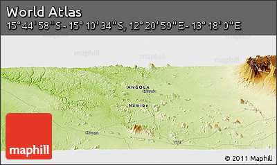 Physical Panoramic Map of the Area around 15° 27' 46" S, 12° 49' 29" E