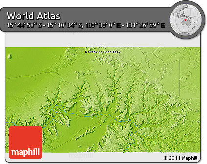 Physical 3D Map of the Area around 15° 27' 46" S, 130° 58' 29" E
