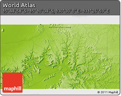 Physical 3D Map of the Area around 15° 27' 46" S, 130° 58' 29" E