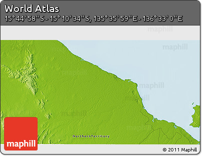 Physical 3D Map of the Area around 15° 27' 46" S, 136° 4' 29" E