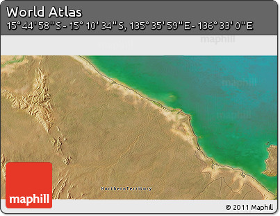 Satellite 3D Map of the Area around 15° 27' 46" S, 136° 4' 29" E