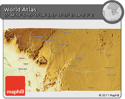 Physical 3D Map of the Area around 15° 27' 46" S, 13° 40' 30" E