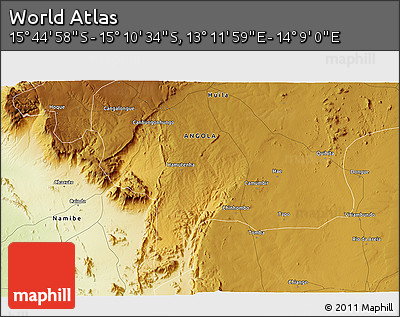 Physical 3D Map of the Area around 15° 27' 46" S, 13° 40' 30" E