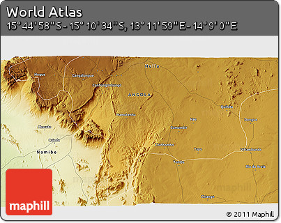 Physical 3D Map of the Area around 15° 27' 46" S, 13° 40' 30" E