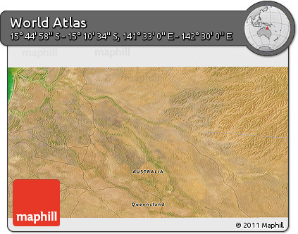 Satellite 3D Map of the Area around 15° 27' 46" S, 142° 1' 30" E