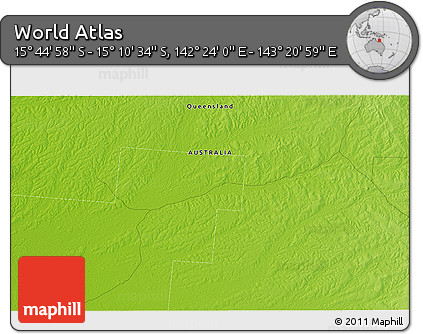 Physical 3D Map of the Area around 15° 27' 46" S, 142° 52' 30" E