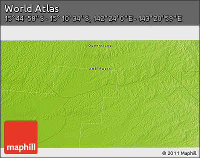 Physical 3D Map of the Area around 15° 27' 46" S, 142° 52' 30" E