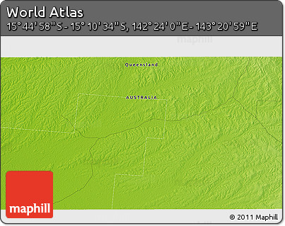 Physical 3D Map of the Area around 15° 27' 46" S, 142° 52' 30" E
