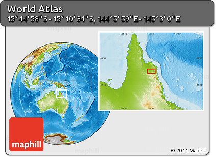 Physical Location Map of the Area around 15° 27' 46" S, 144° 34' 29" E