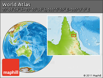 Physical Location Map of the Area around 15° 27' 46" S, 144° 34' 29" E