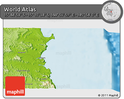 Physical 3D Map of the Area around 15° 27' 46" S, 145° 25' 30" E