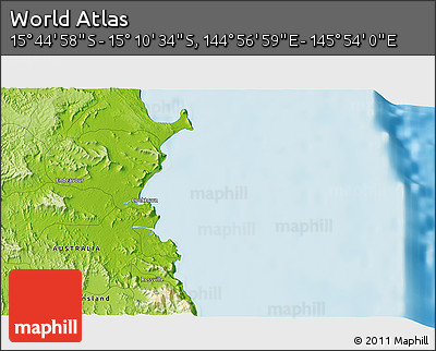 Physical 3D Map of the Area around 15° 27' 46" S, 145° 25' 30" E