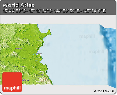 Physical 3D Map of the Area around 15° 27' 46" S, 145° 25' 30" E