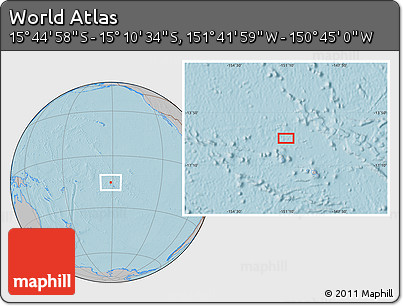 Gray Location Map of the Area around 15° 27' 46" S, 151° 13' 29" W, hill shading