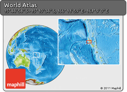 Physical Location Map of the Area around 15° 27' 46" S, 166° 40' 30" E