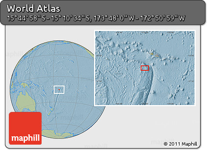 Savanna Style Location Map of the Area around 15° 27' 46" S, 173° 19' 29" W, hill shading