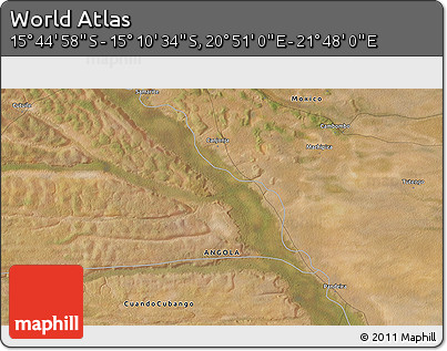 Satellite 3D Map of the Area around 15° 27' 46" S, 21° 19' 30" E