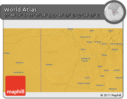 Physical 3D Map of the Area around 15° 27' 46" S, 22° 10' 29" E