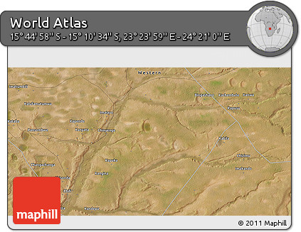 Satellite 3D Map of the Area around 15° 27' 46" S, 23° 52' 30" E