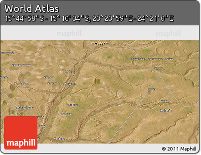 Satellite 3D Map of the Area around 15° 27' 46" S, 23° 52' 30" E