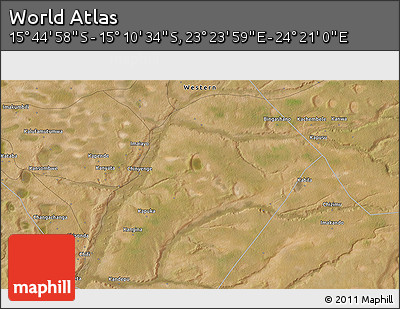 Satellite 3D Map of the Area around 15° 27' 46" S, 23° 52' 30" E