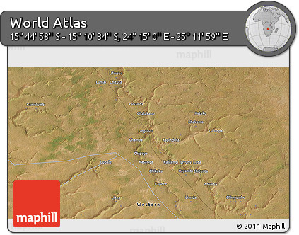 Satellite 3D Map of the Area around 15° 27' 46" S, 24° 43' 30" E
