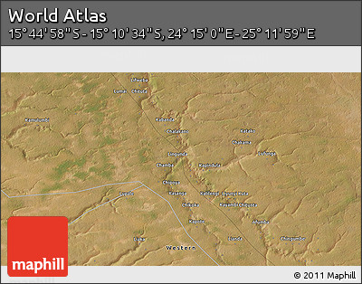 Satellite 3D Map of the Area around 15° 27' 46" S, 24° 43' 30" E