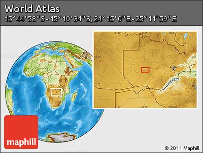 Physical Location Map of the Area around 15° 27' 46" S, 24° 43' 30" E