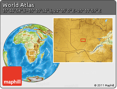 Physical Location Map of the Area around 15° 27' 46" S, 24° 43' 30" E