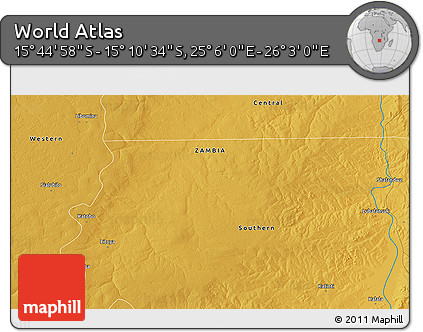 Physical 3D Map of the Area around 15° 27' 46" S, 25° 34' 30" E