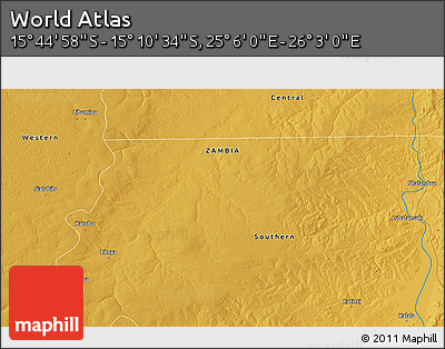 Physical 3D Map of the Area around 15° 27' 46" S, 25° 34' 30" E