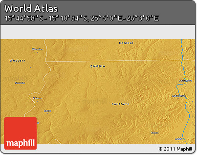 Physical 3D Map of the Area around 15° 27' 46" S, 25° 34' 30" E
