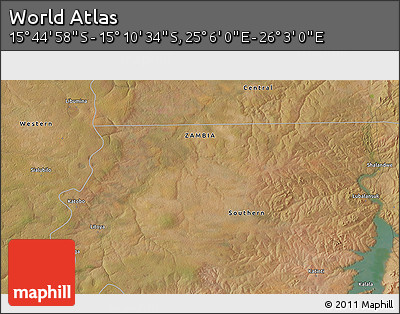 Satellite 3D Map of the Area around 15° 27' 46" S, 25° 34' 30" E