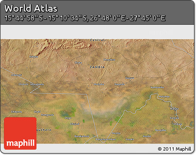 Satellite 3D Map of the Area around 15° 27' 46" S, 27° 16' 29" E