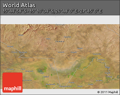 Satellite 3D Map of the Area around 15° 27' 46" S, 27° 16' 29" E