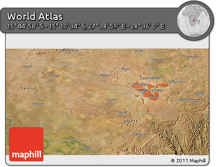Satellite 3D Map of the Area around 15° 27' 46" S, 28° 7' 30" E