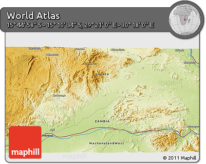 Physical 3D Map of the Area around 15° 27' 46" S, 29° 49' 30" E