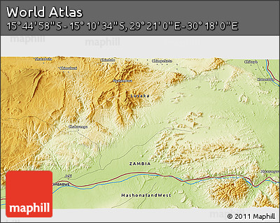Physical 3D Map of the Area around 15° 27' 46" S, 29° 49' 30" E