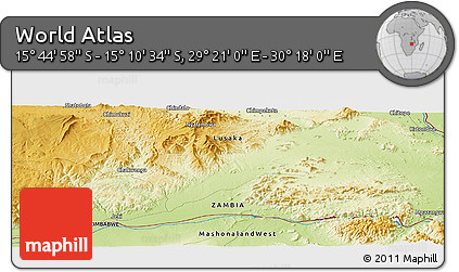 Physical Panoramic Map of the Area around 15° 27' 46" S, 29° 49' 30" E