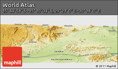 Physical Panoramic Map of the Area around 15° 27' 46" S, 29° 49' 30" E
