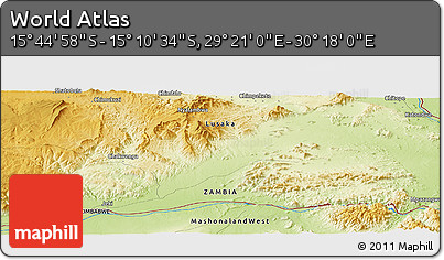 Physical Panoramic Map of the Area around 15° 27' 46" S, 29° 49' 30" E