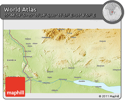 Physical 3D Map of the Area around 15° 27' 46" S, 30° 40' 29" E