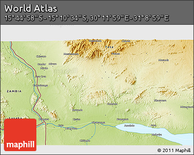 Physical 3D Map of the Area around 15° 27' 46" S, 30° 40' 29" E