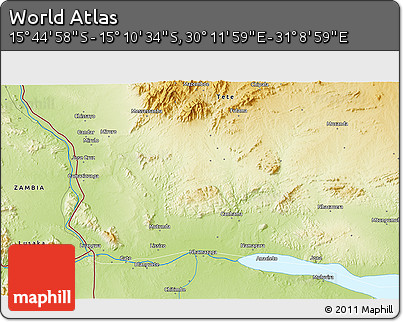 Physical 3D Map of the Area around 15° 27' 46" S, 30° 40' 29" E