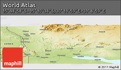 Physical Panoramic Map of the Area around 15° 27' 46" S, 30° 40' 29" E