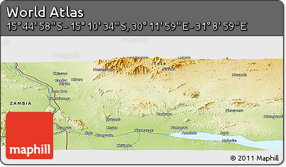Physical Panoramic Map of the Area around 15° 27' 46" S, 30° 40' 29" E