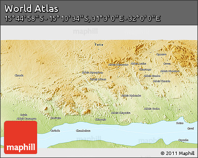 Physical 3D Map of the Area around 15° 27' 46" S, 31° 31' 29" E